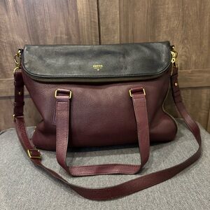 Fossil Preston Foldover Flap Tote Crossbody Messenger Bag Cowhide Leather